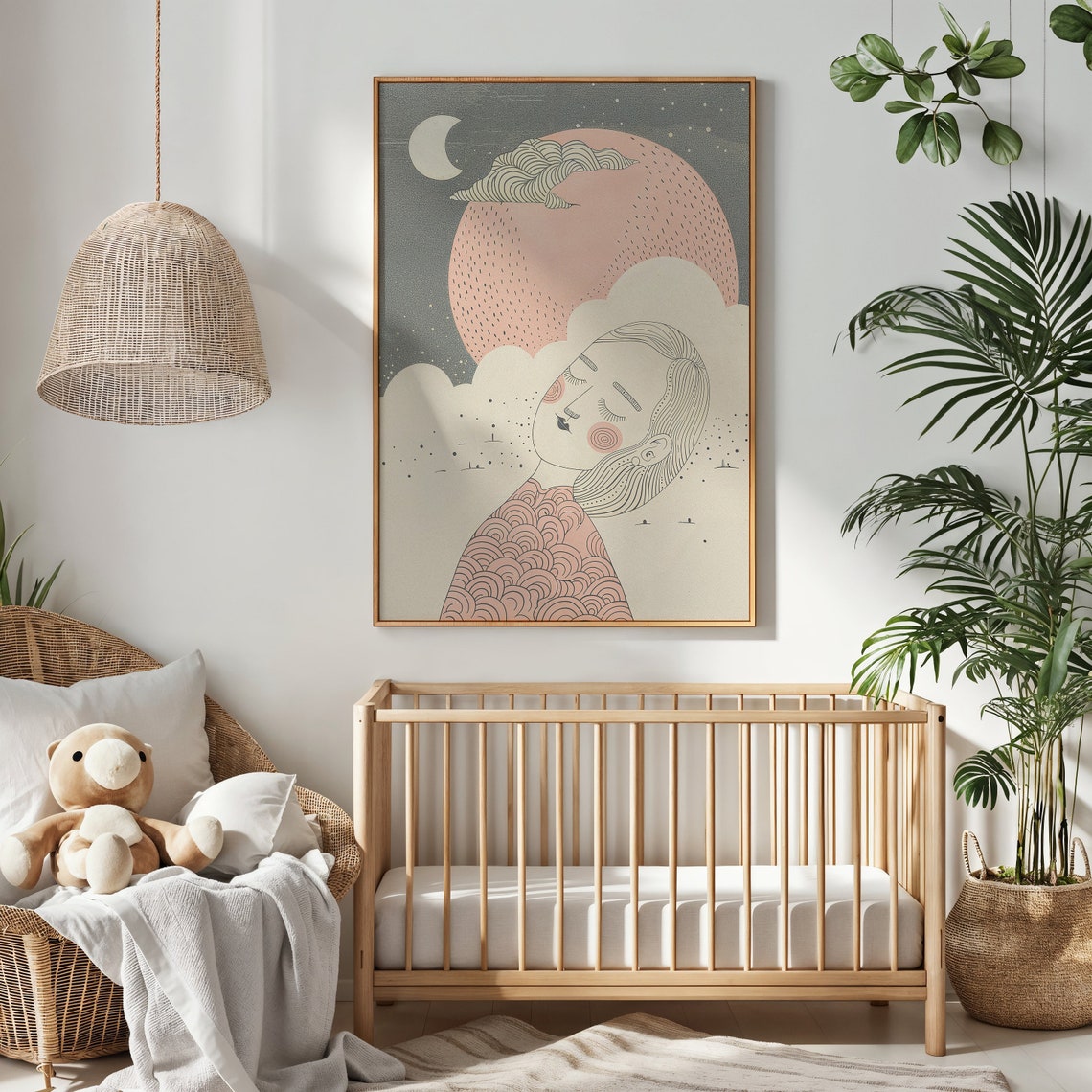 Dreamy Girl Sleeping Under Pink Moon Celestial Night Sky Art Poster - Image 3