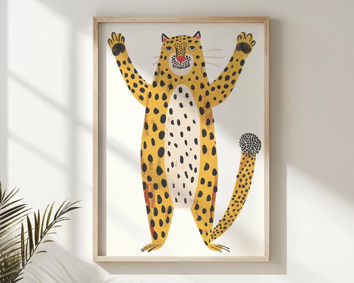 Happy Waving Cheetah Arms Up Playful Jungle Safari Kids Art Poster