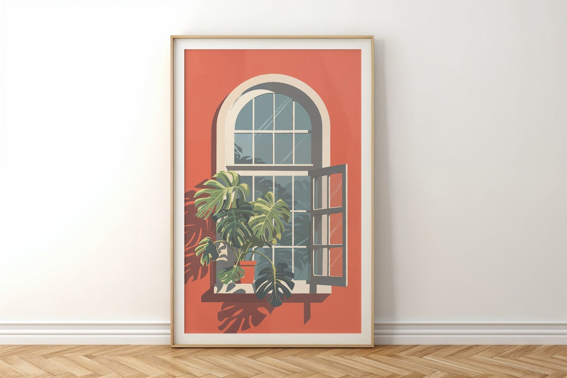 Monstera Plants Arched Open Window Terracotta Wall Tropical Poster - Image 5
