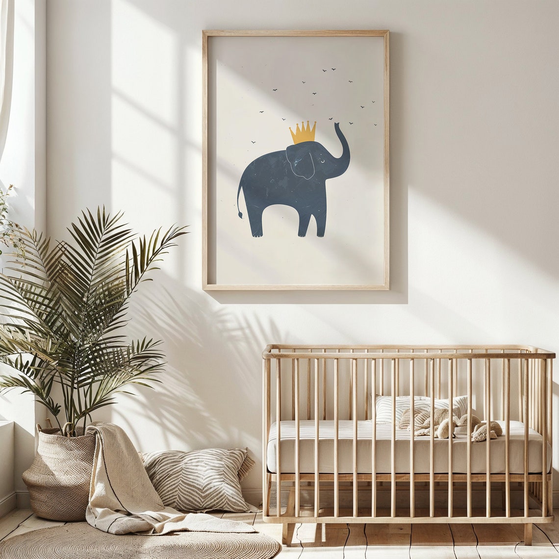 Royal Navy Elephant Gold Crown Trunk Up Minimalist Nursery Wall Poster