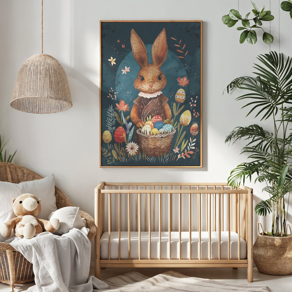 Brown Bunny Dress Collar Egg Basket Night Garden Storybook Poster - Image 2