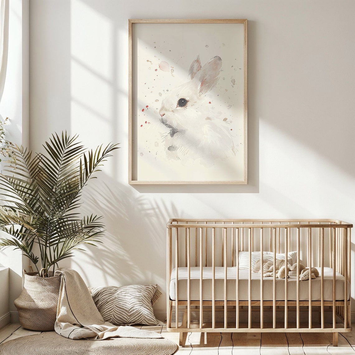Delicate White Bunny Watercolor Minimalist Splatter Nursery Poster - Image 3