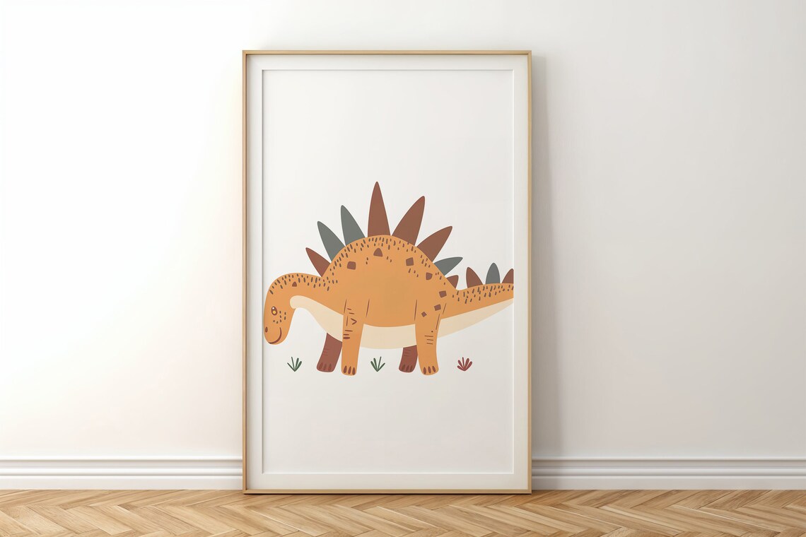 Cute Orange Stegosaurus Dinosaur Illustration Kids Room Nursery Poster - Image 4