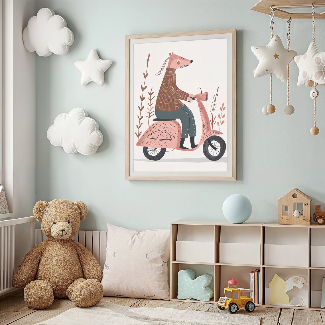 Whimsical Animal Riding Pink Scooter Nursery Poster Playful Kids Art - Image 2
