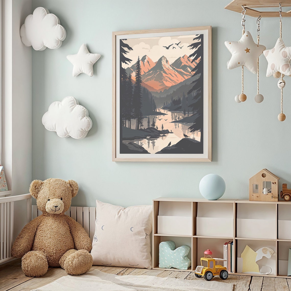 Serene Mountain Lake Pine Forest Birds Warm Sunset Wall Poster - Image 3