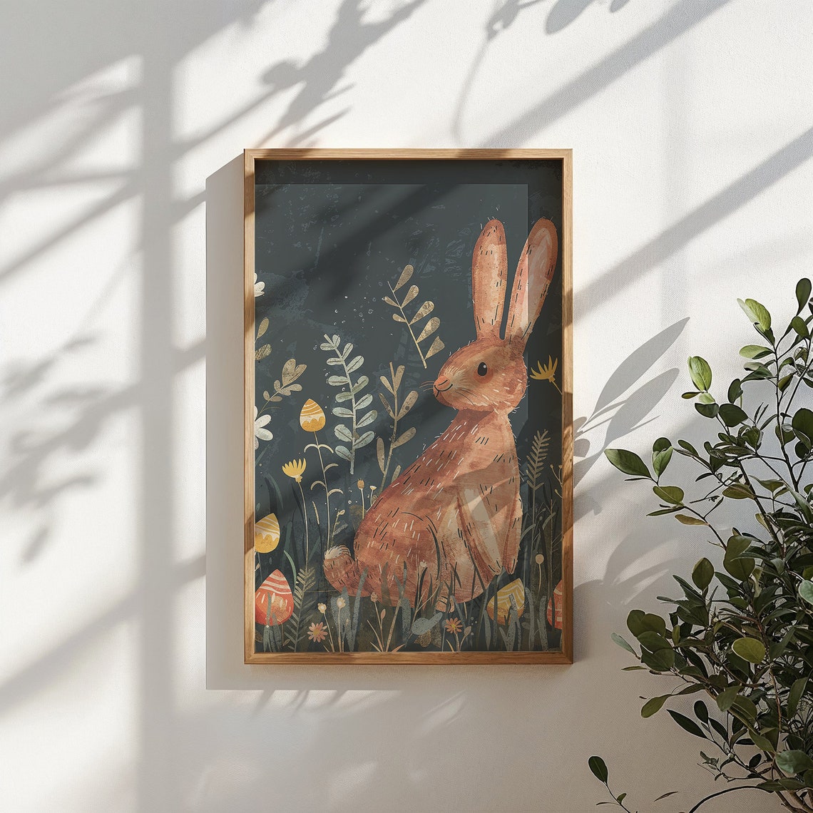 Brown Bunny Dark Meadow Wildflowers Patterned Eggs Nursery Poster - Image 5