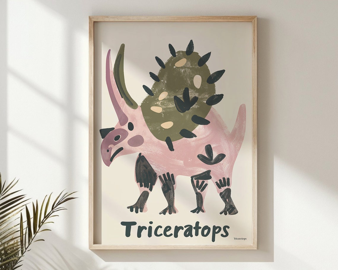 Triceratops Abstract Pink Green Dinosaur Educational Nursery Poster