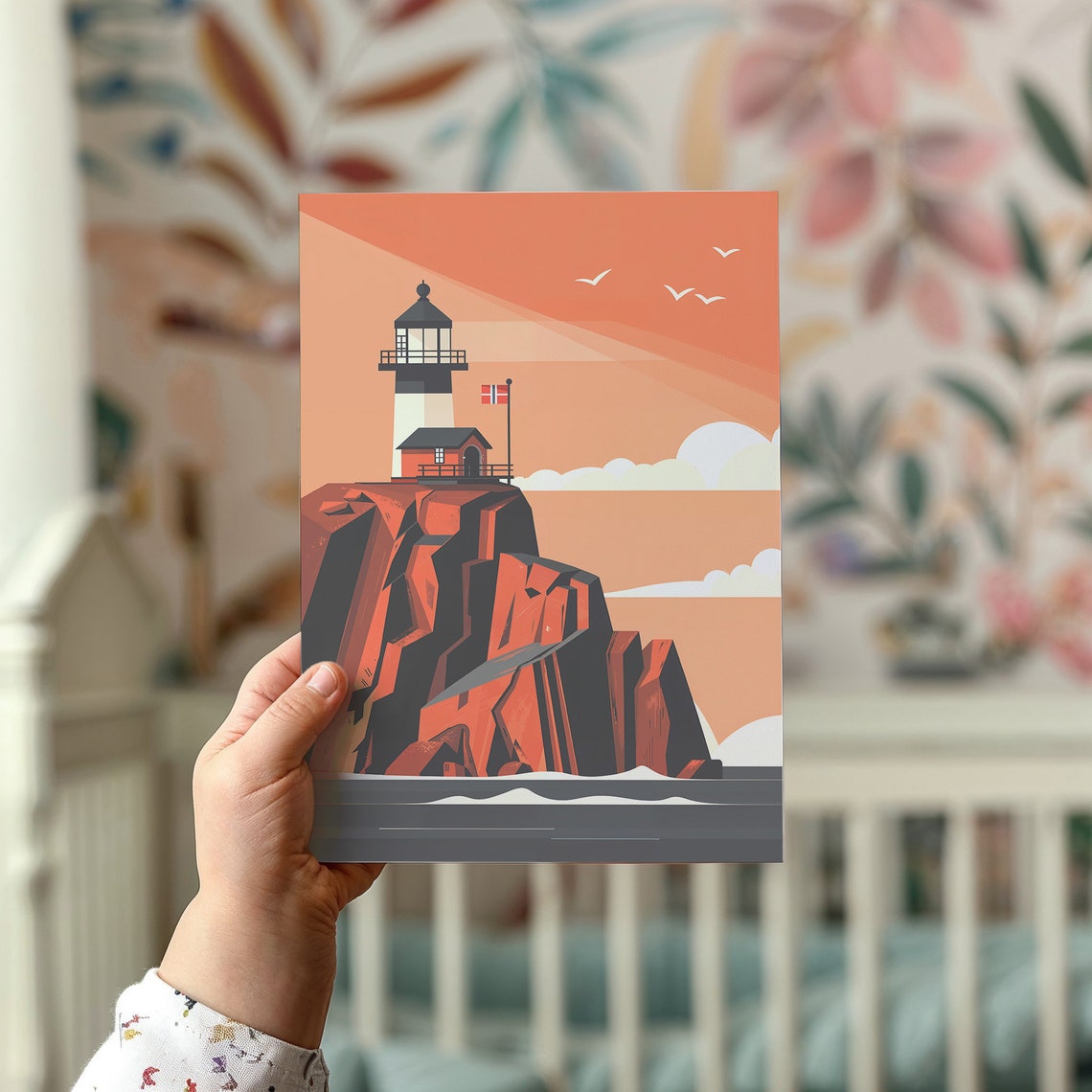 Black White Lighthouse Red Rocky Cliff Sunset Ocean Nursery Poster - Image 2