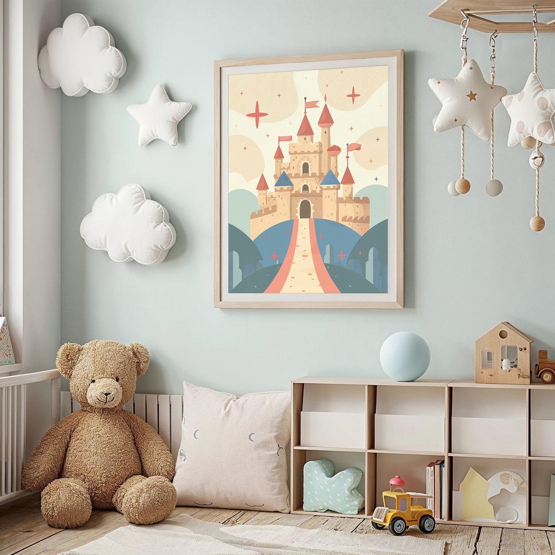 Fairytale Castle Red Blue Spires Coral Road Muted Retro Kids Poster - Image 2