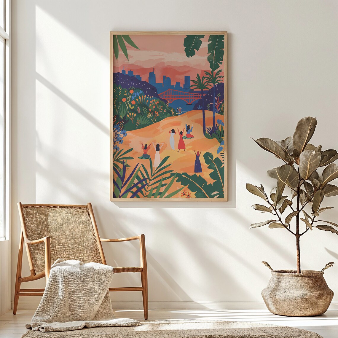 Sunset Cityscape Garden Dance Lush Plants Kids Room Wall Art Poster
