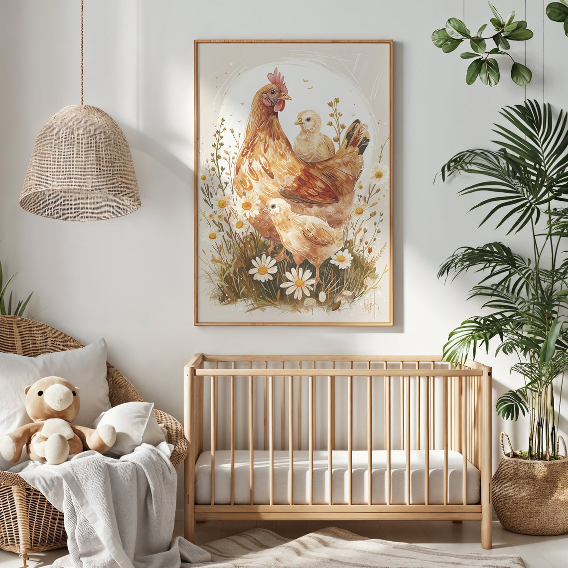 Hen And Baby Chicks Daisy Meadow Watercolor Farmhouse Nursery Poster - Image 2