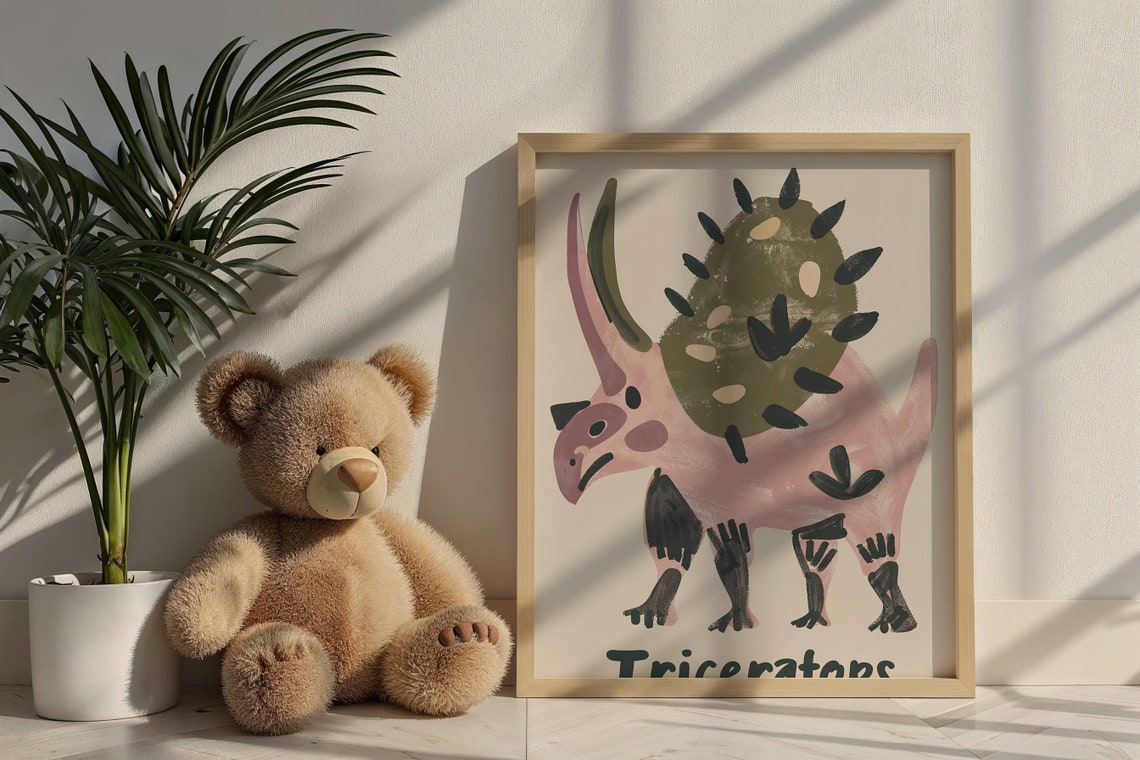 Triceratops Abstract Pink Green Dinosaur Educational Nursery Poster - Image 6