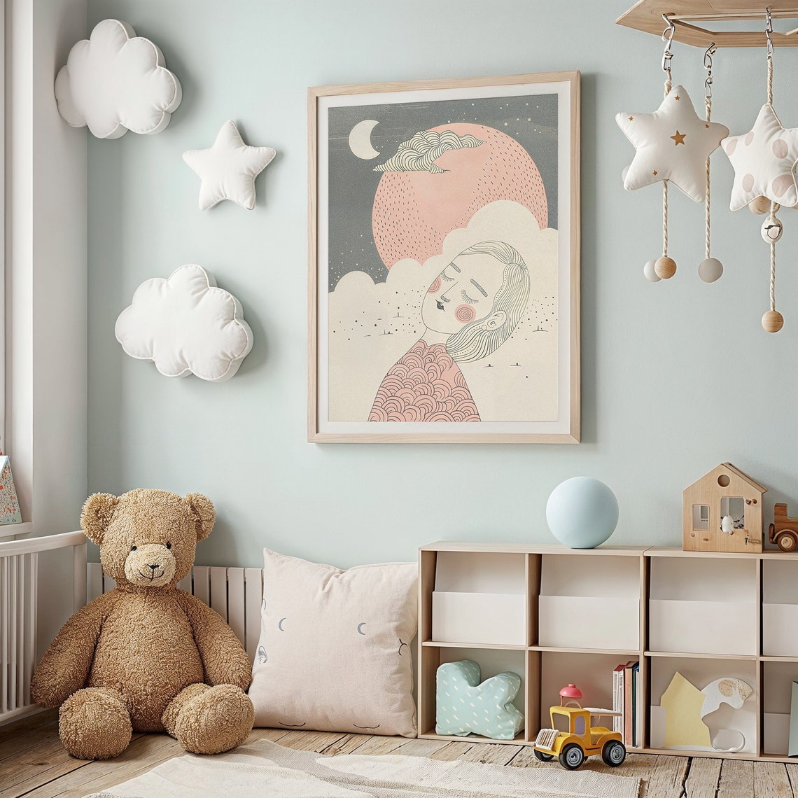 Dreamy Girl Sleeping Under Pink Moon Celestial Night Sky Art Poster - Image 2