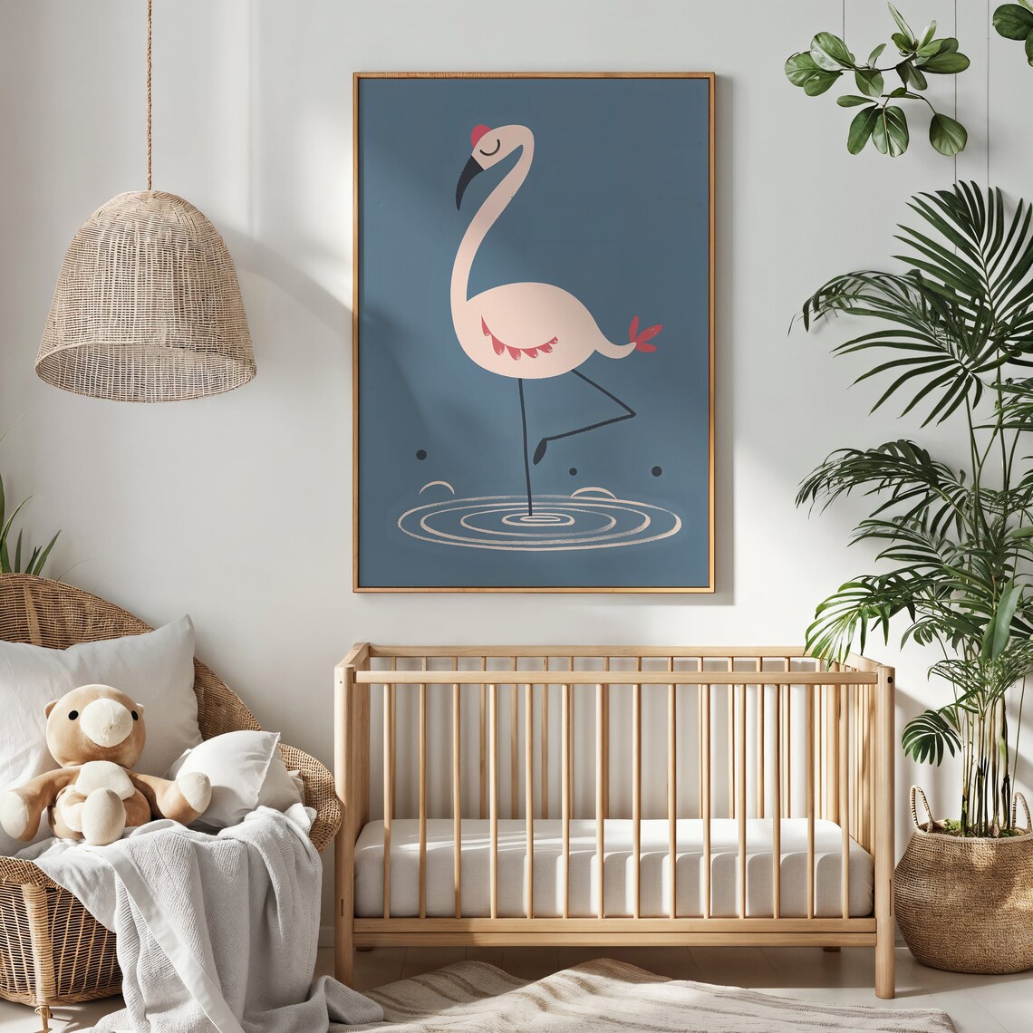 Pink Flamingo One Leg Water Ripples Dark Teal Kids Nursery Art Poster - Image 2