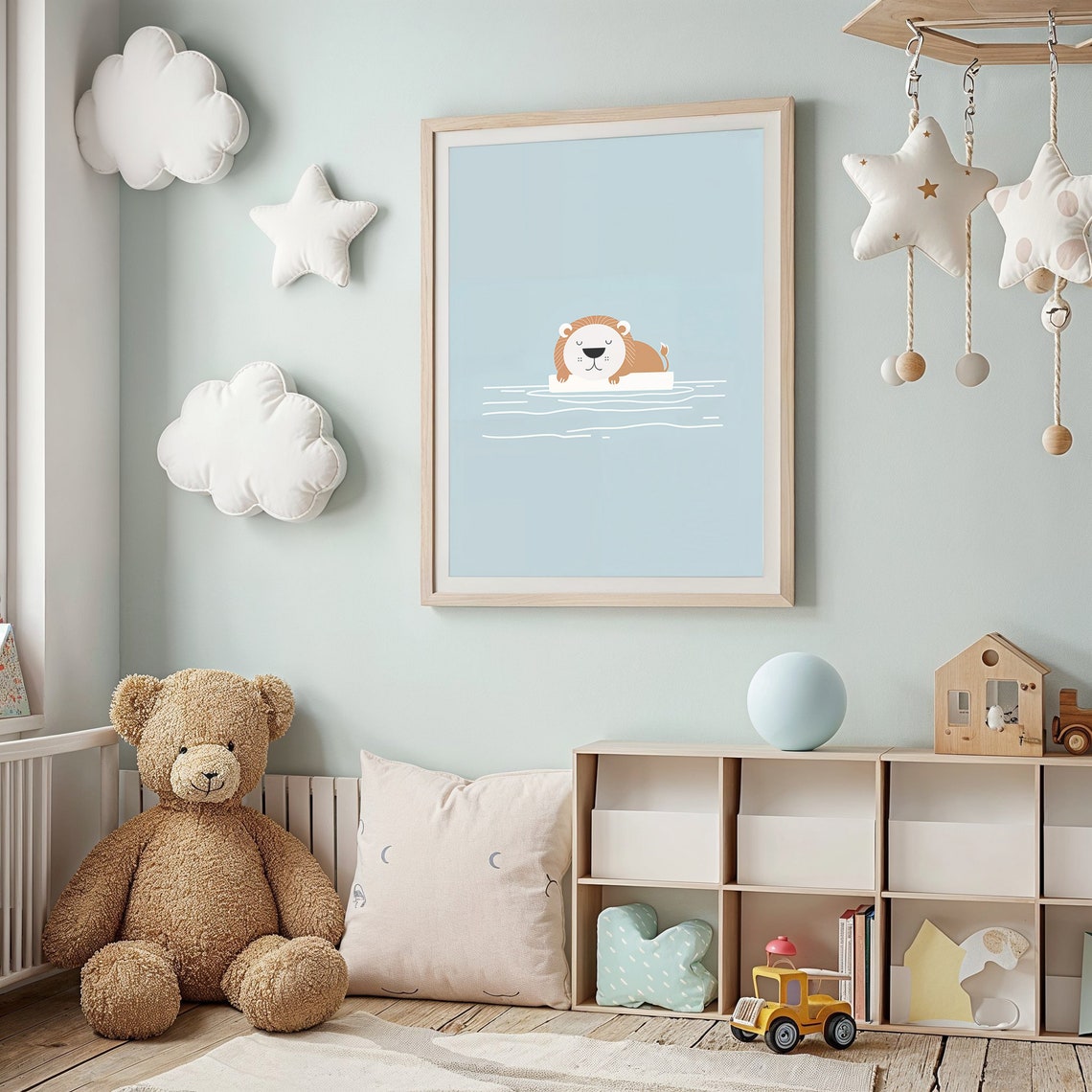Sleeping Lion Cub Floating Blue Water Minimalist Nursery Wall Poster - Image 2