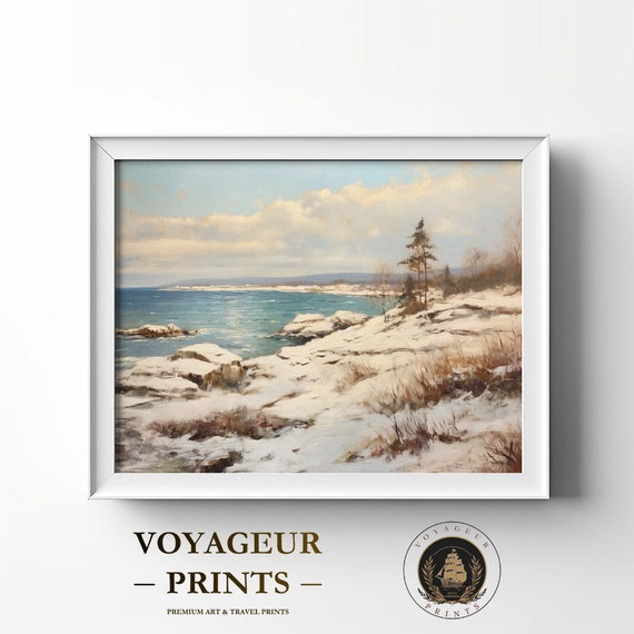 Winters Embrace Snowy Beach Oil Painting, Coastal Tranquility