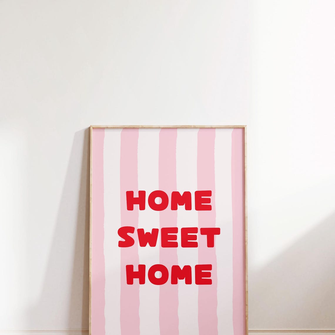 Home Sweet Home Red Typography on Pink Striped Girly Wall Art