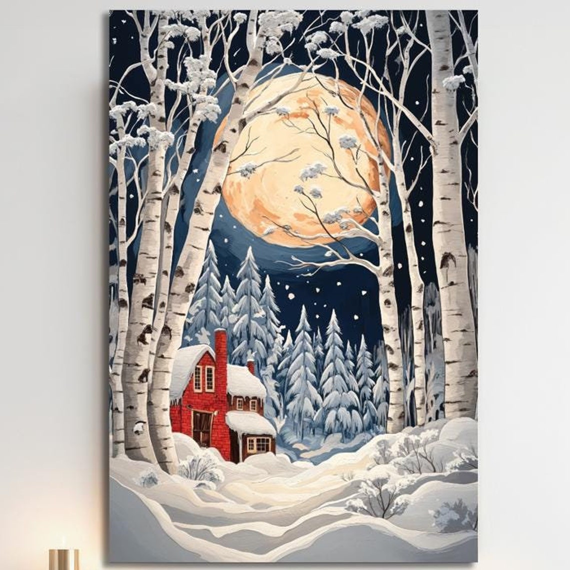 Full Moon Over Snowy Birch Forest with Red Cabin Night Poster