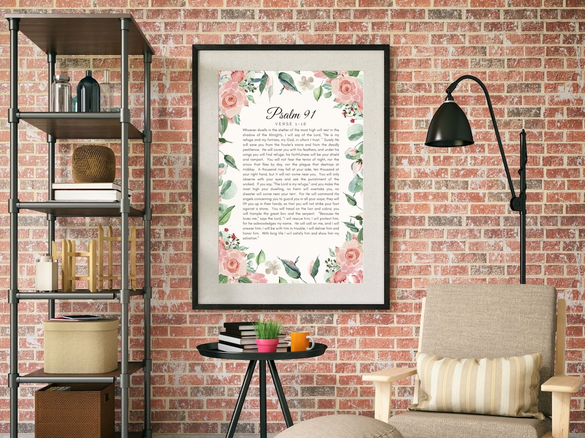 Psalm 91, Pink Blush Floral Margin Poster Print - Image 5