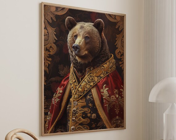 Brown Bear Royal Renaissance Portrait Red Brocade Coat Wall Art