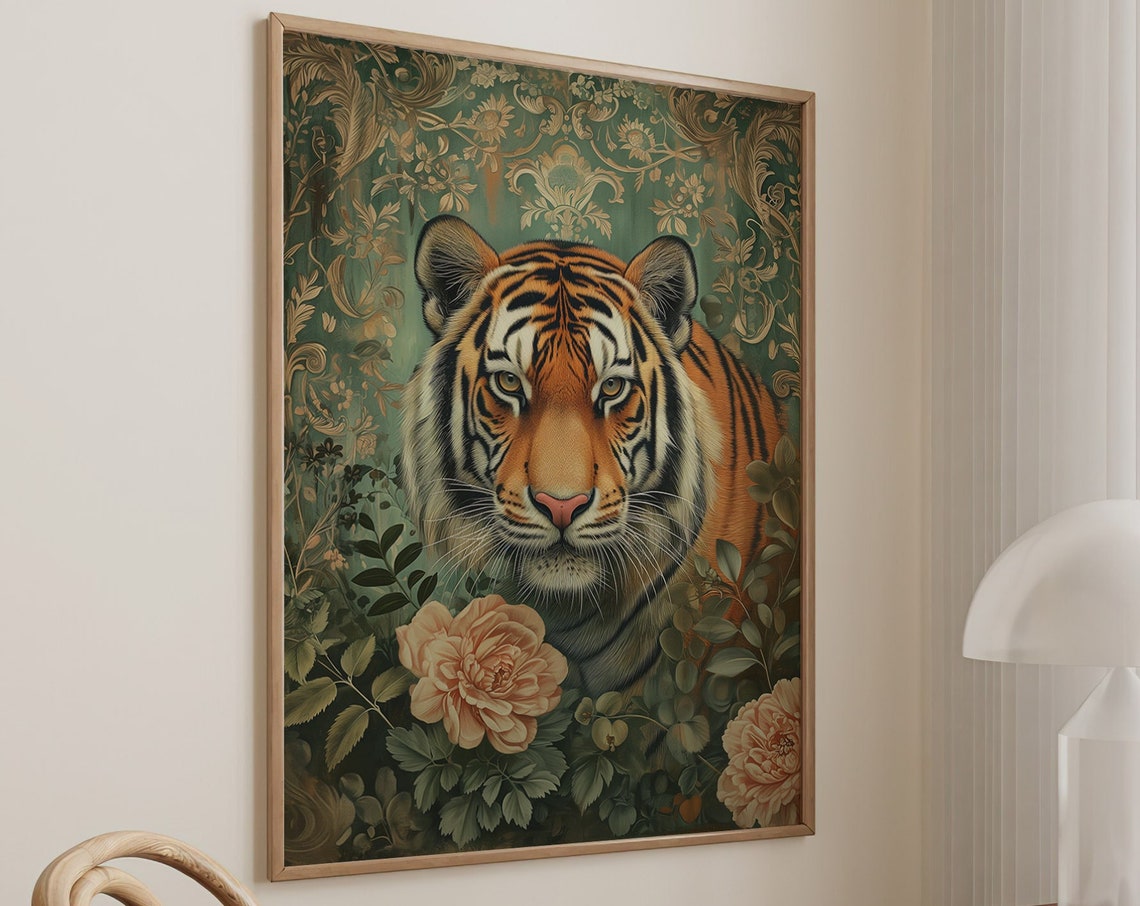 Tiger Face Among Peach Blossoms on Green Damask Jungle Poster