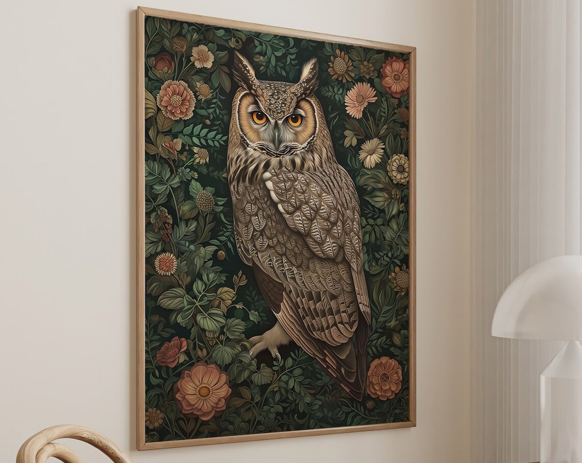 William Morris Inspired Owl Poster, Forest Bird Art - Image 4