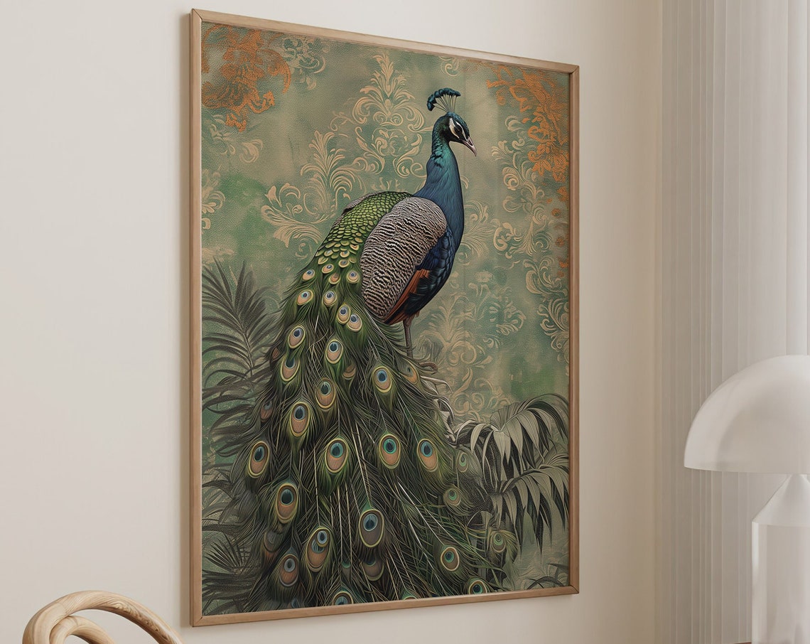 Peacock Full Tail Feathers Vintage Gold Damask Botanical Poster