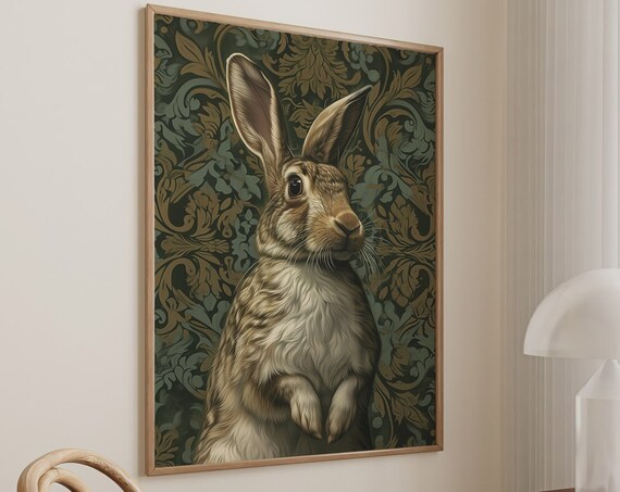 Bunny Rabbit Portrait Dark Botanical Vintage Oil Paint Poster