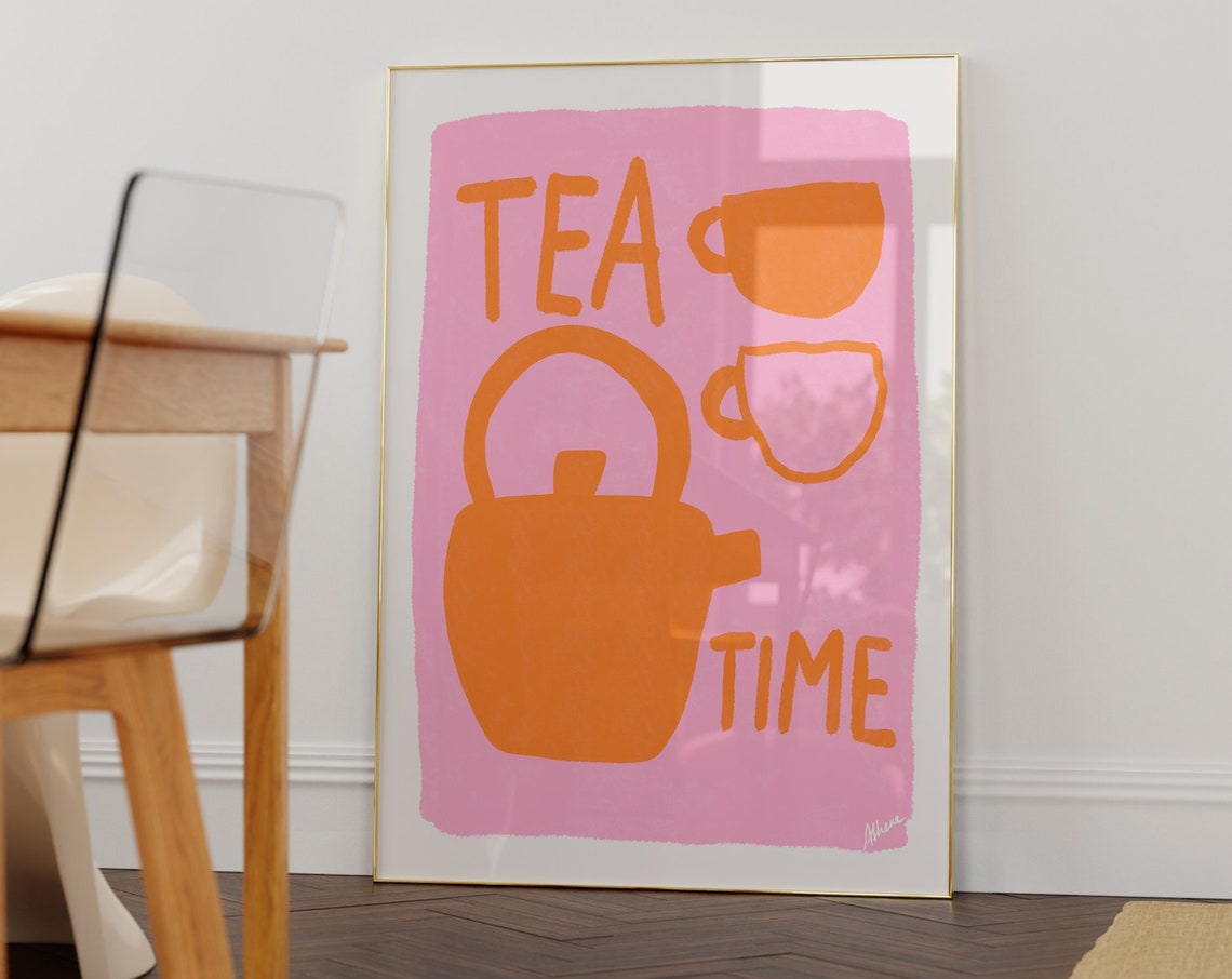 Tea Time Pink Orange Kettle And Cups Retro Kitchen Decor Poster