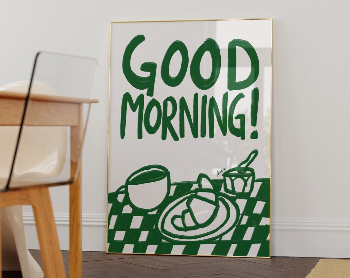 Good Morning Trendy Kitchen Prints Breakfast Wall Art Coffee Illustration Print Menu Simple Drawing Modern Apartment