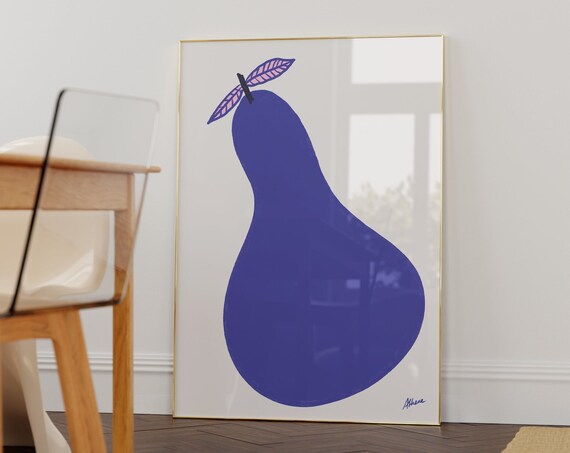 Blue Pear Mid Century Wall Art Scandi Style Decor Kitchen Fruit Prints Illustration Minimal Colorful