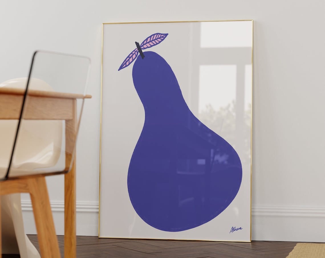 Blue Pear Mid Century Wall Art Scandi Style Decor Kitchen Fruit Prints Illustration Minimal Colorful