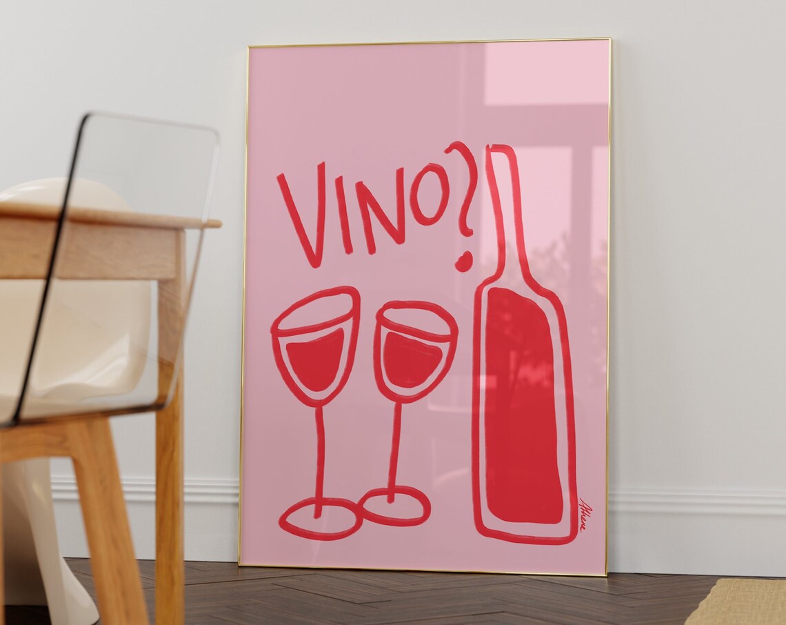 Vino Wine Bottle and Glasses Pink Hand Drawn Kitchen Decor Art Poster