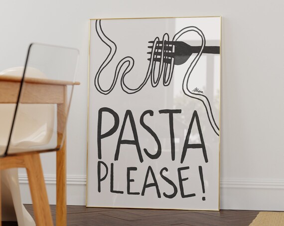 Pasta Illustration Wall Art Trendy Kitchen Prints Food Line Mid Century Modern Night Print Simple Spaghetti Italian