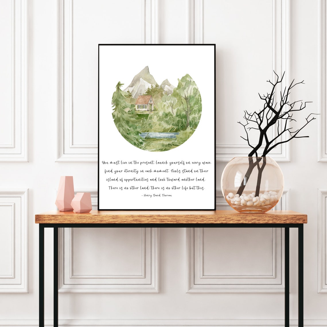 Henry David Thoreau Quote On No Other Life And Live In Present Wall Art With Watercolor Forest - Image 2