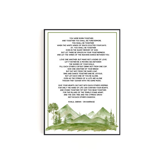 Khalil Gibran Poem On Marriage Wall Art With Watercolor Forest And Mountains
