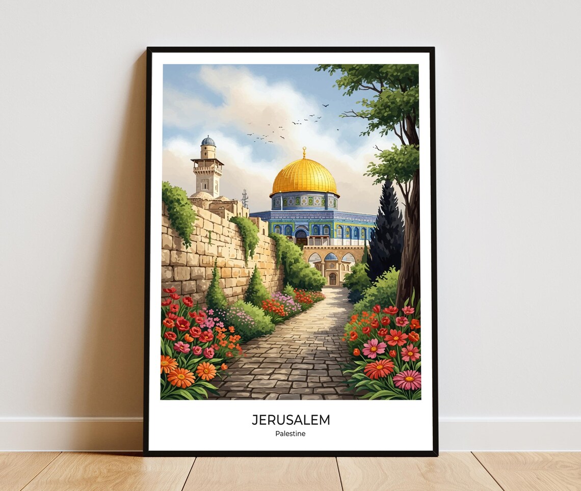 Jerusalem Dome of the Rock Garden Path Watercolor Travel Poster