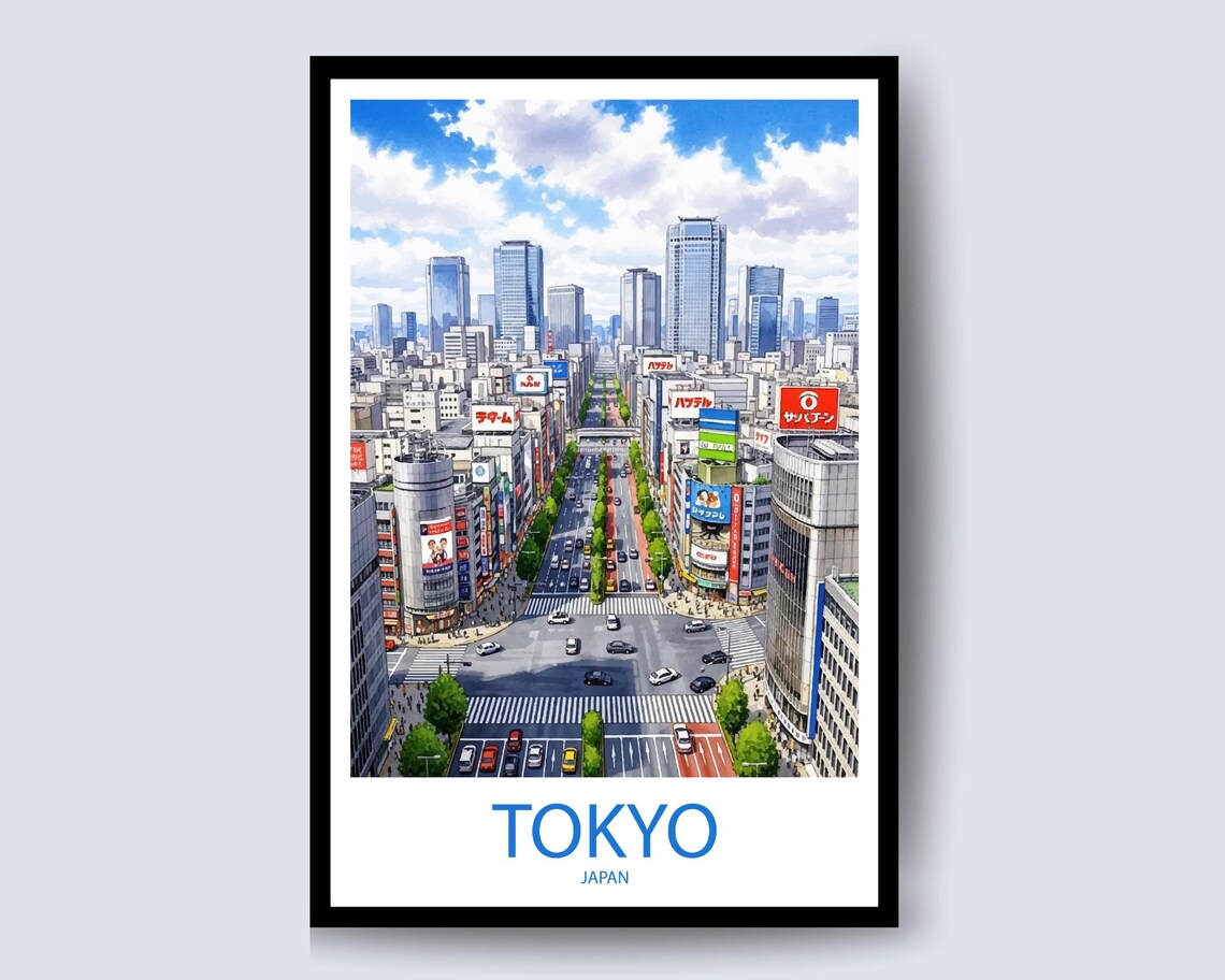 Tokyo Japan Daytime Cityscape Anime Illustration Travel Poster