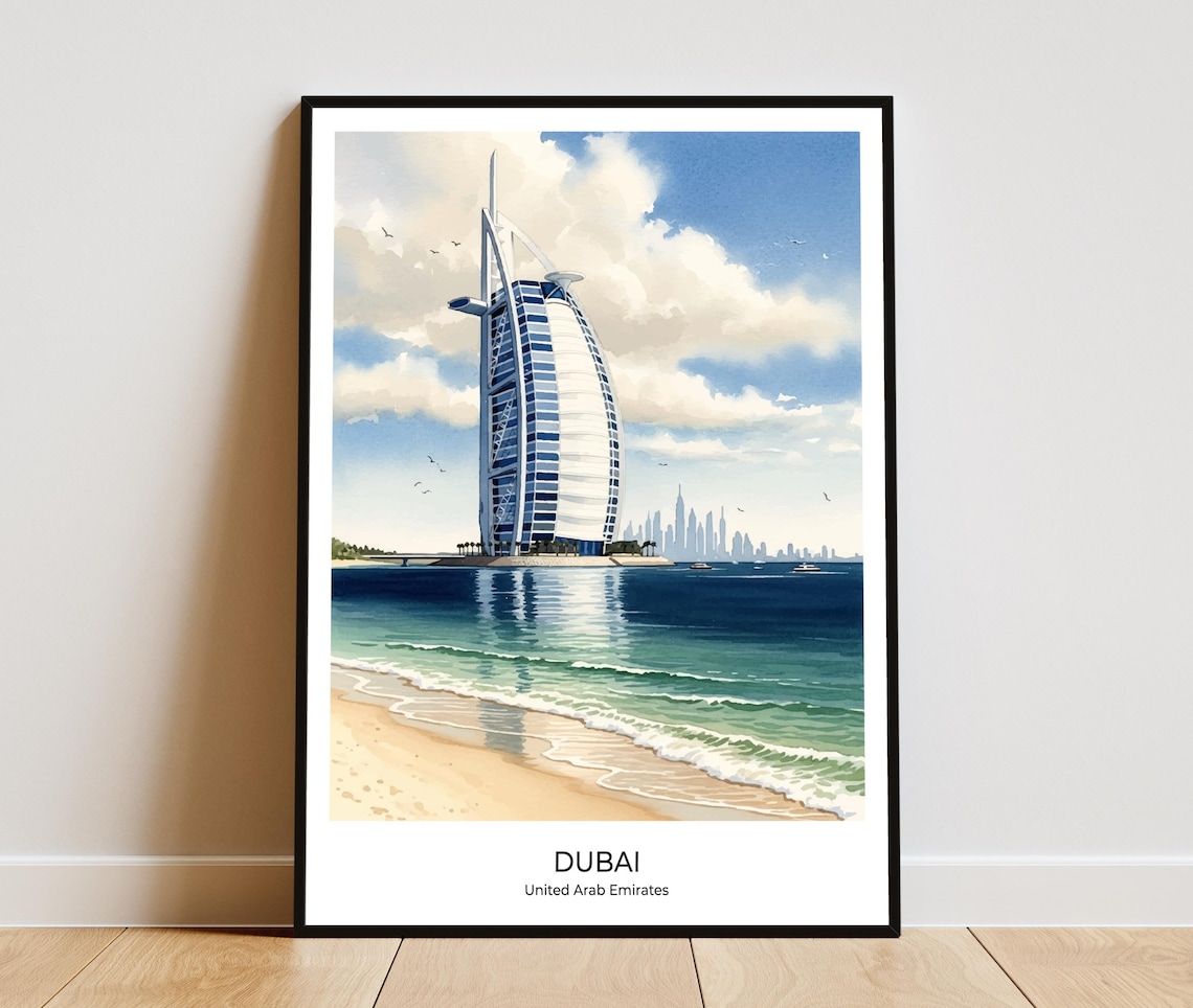 Dubai Burj Al Arab Beach Island Watercolor UAE Travel Poster