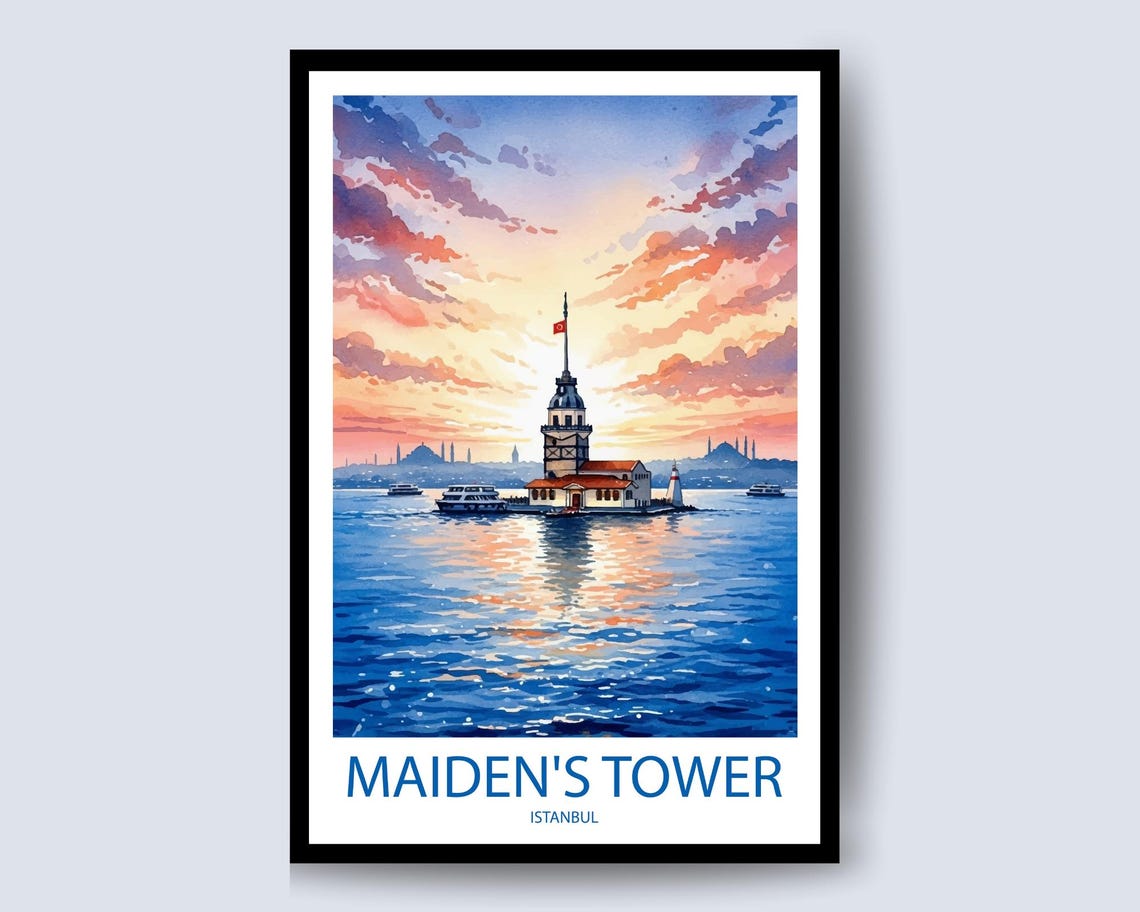 Maiden's Tower Istanbul Sunset Watercolor Bosphorus Travel Poster