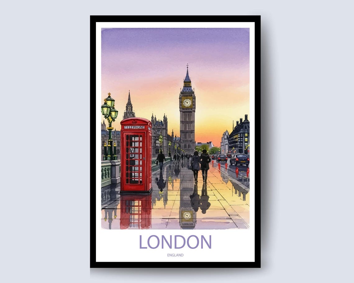 London Sunset Red Phone Box Big Ben Westminster Bridge Poster
