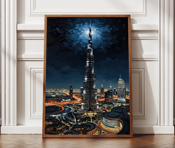 Burj Khalifa Night Time Textured Painting Art Print Dubai Travel Poster
