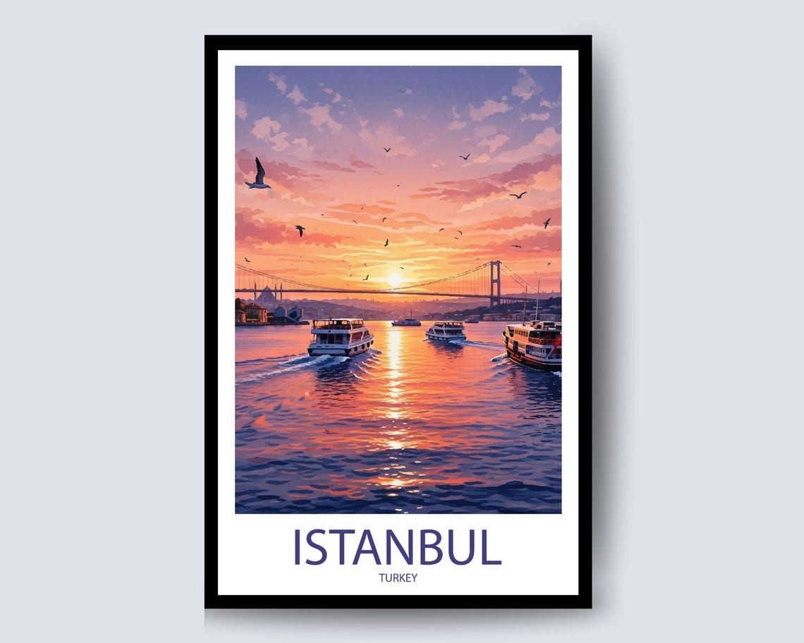 Istanbul Turkey Bosphorus Bridge Sunset Water Reflection Travel Poster