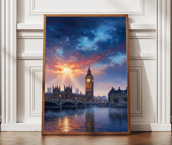 Big Ben A Foggy Evening Themed Oil Painting Textured Print Art London Travel Poster Home Office