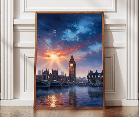 London Big Ben Thames Dramatic Sunset Impasto Oil Painting Poster
