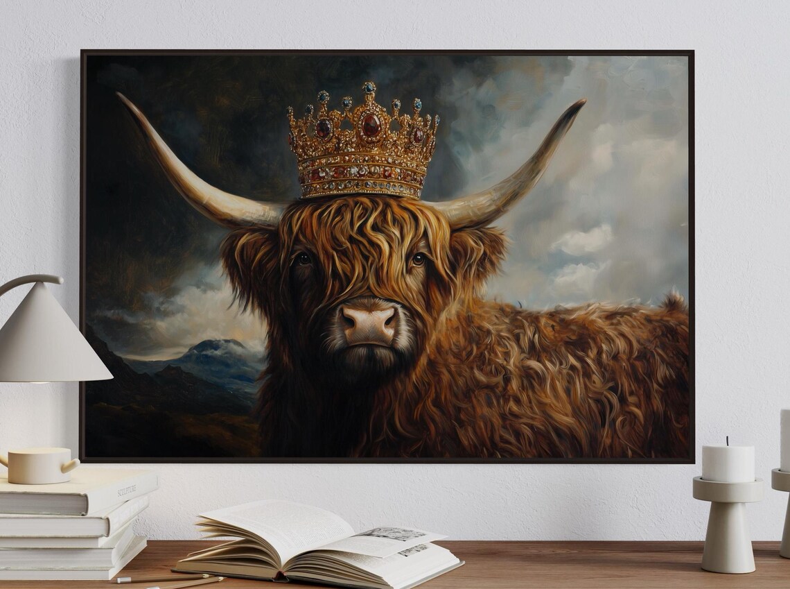 Highland Cow Wearing Jeweled Gold Crown Under Stormy Sky Poster