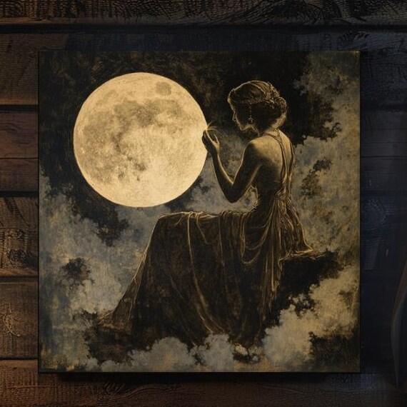 Moon Goddess Reaching for Full Moon Vintage Gold Night Art Poster