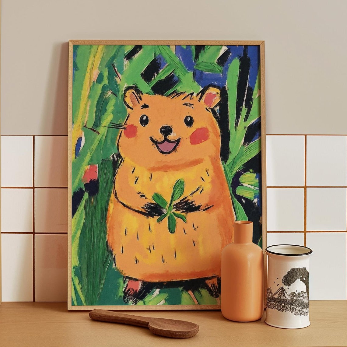 Smiling Orange Hamster Holding a Green Leaf Among Foliage Poster