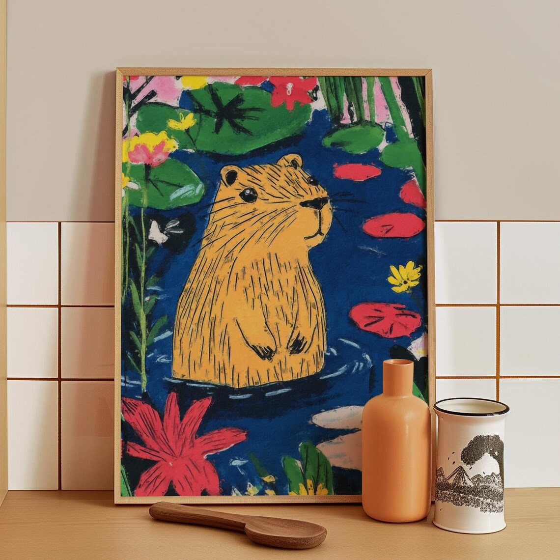 Golden Capybara Swimming Among Lotus Flowers and Lily Pads Poster