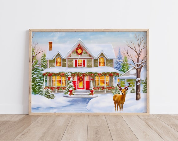 Farmhouse Christmas Winter Houses Art Print